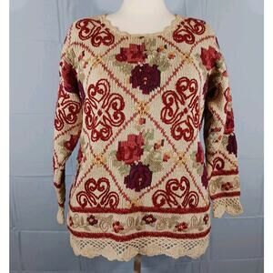 Vintage Express Tricot Sweater Womens Small Multicolor Floral Chunky Ramie EUC